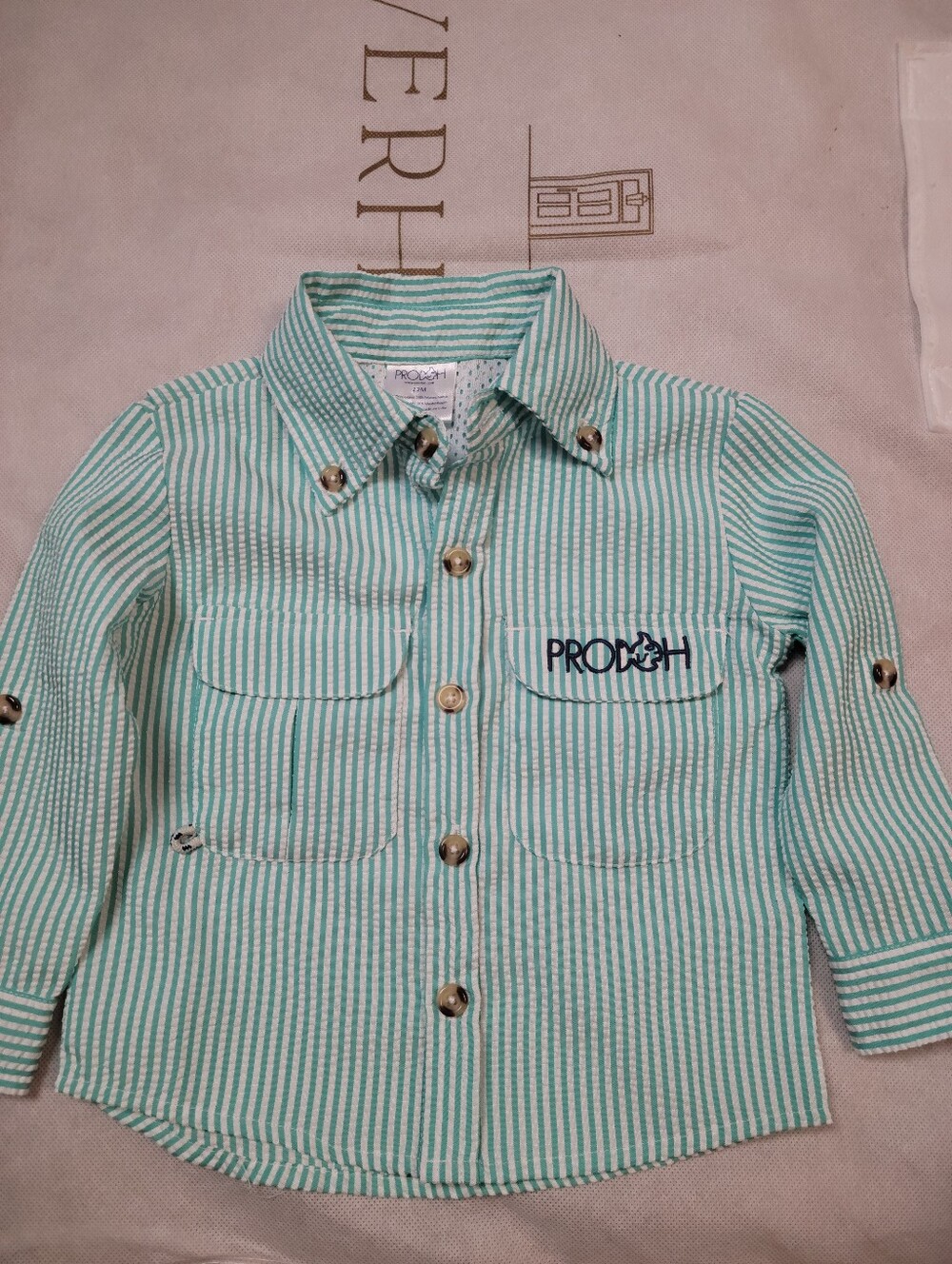 Prodoh Teal White Fishing Seersucker Shirt 12m